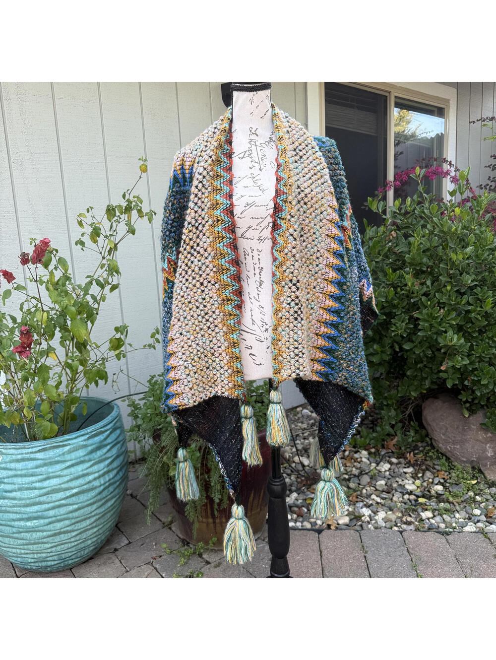 Adrienne Vittadini Studio Poncho Sweater Tribal Colorful Sweater Cape Womens